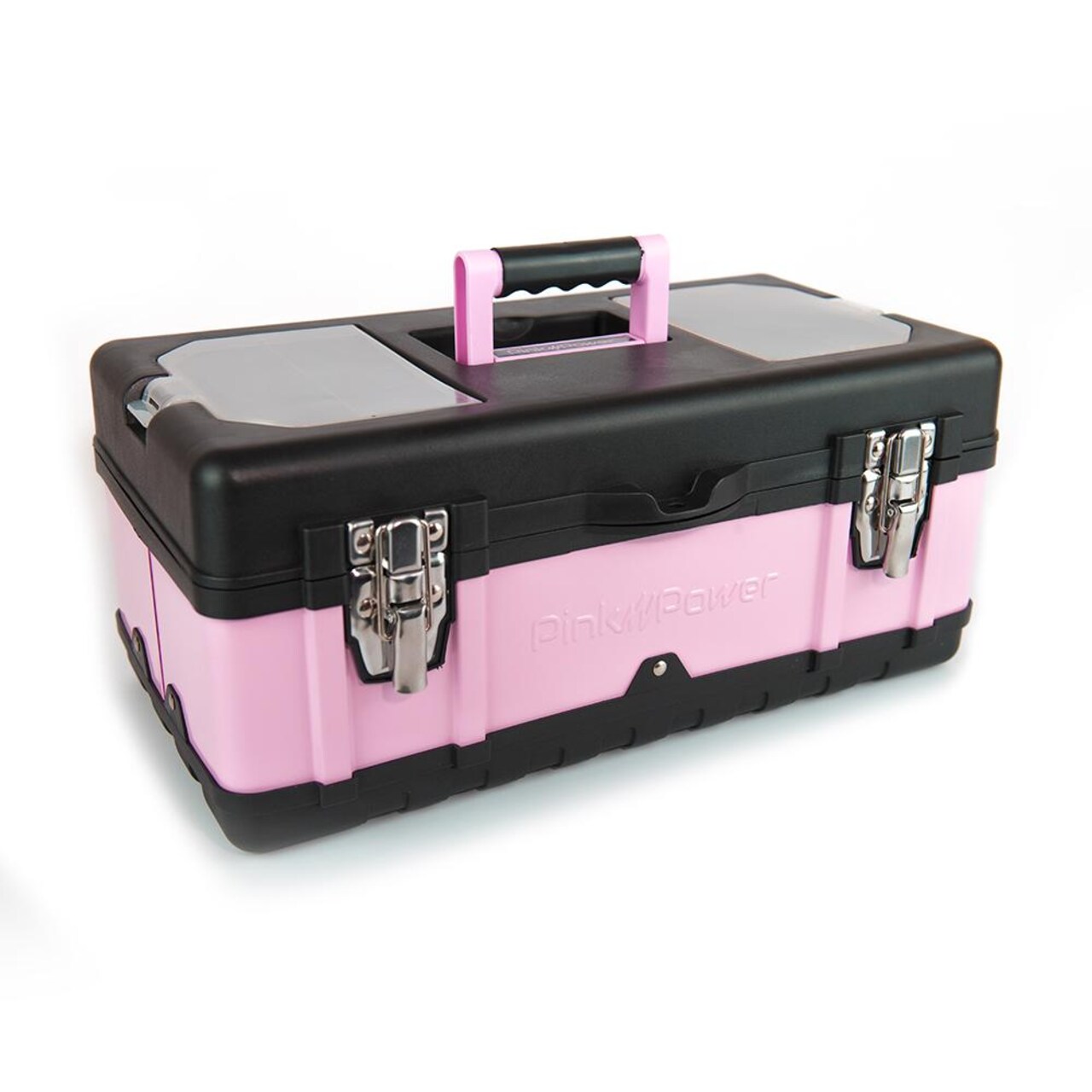 Pink Power Pink Tool Box for Women - 18" Small Metal & Plastic Portable Lightweight Pink Locking Empty Toolbox Chest - Craft Tote Storage Tool Case Organizer for Ladies Pink Tool Set Kit